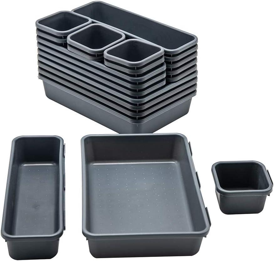 18 PCS Black Desk Drawer Organizer Tray, Interlocking Drawer Organizers and Storage with 3 Sizes for Office, Bathroom, Kitchen, Makeup