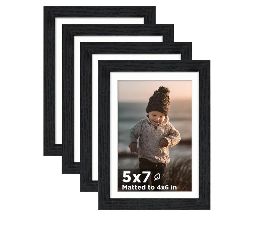 KINLINK 5x7 Picture Frame Black Wood Set of 4, Wooden Photo Frame Matted 4x6 with Plexiglass for 4x6 with Mat or 5x7 without Mat for Table and Wall Display