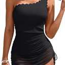 Charmo One Shoulder One Piece Swim Dress Ribbed Scalloped Swimsuit Women Mesh Sheer Wraps Slimming Bathing Suit Swimwear (Black, M)