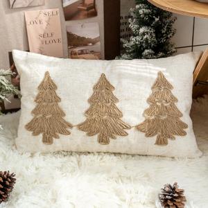 Christmas Tree Lumbar Pillow Cover, Burlap Holiday Farmhouse Decorative Throw Pillow Sham with Brown Rope Embroidery, for Fall Winter Home Decoration, 12x20 inches, 1PCS