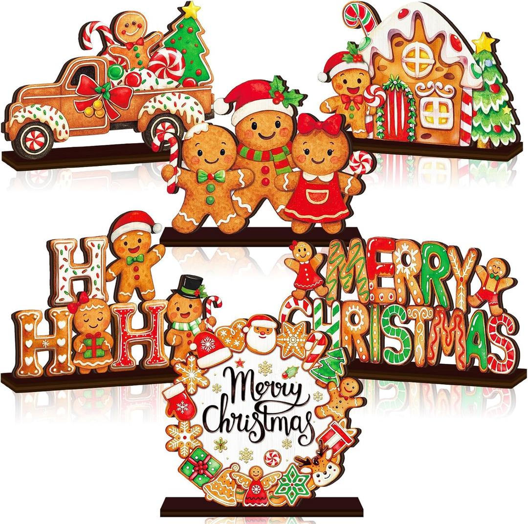 6 Pcs Christmas Table Decorations Gingerbread Table Centerpieces Farmhouse Gingerbread Man Wooden Sign Rustic Candy Truck Merry Christmas Decor for Home Office Indoor Tiered Tray Decor