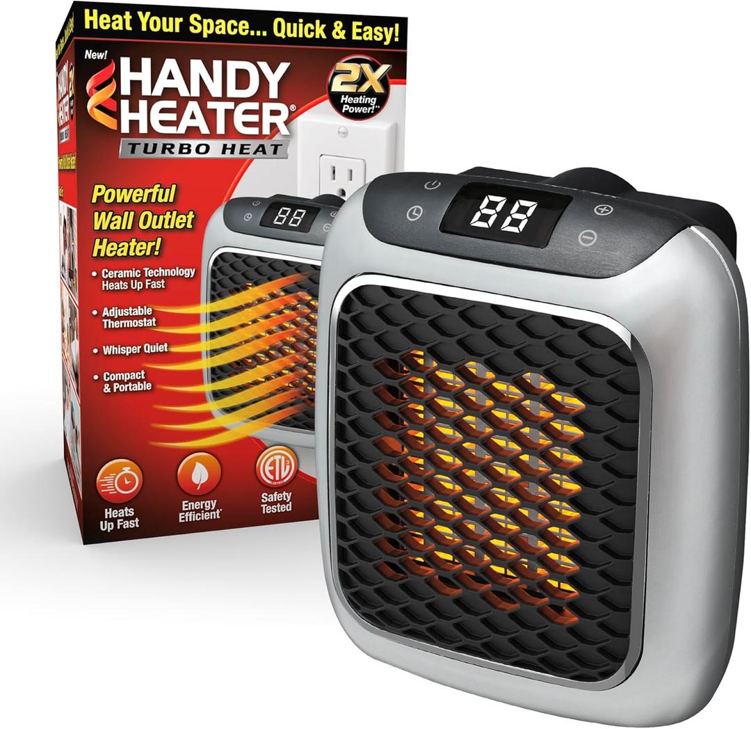 Ontel Handy Heater Turbo Wall Outlet Small Space Heater with Adjustable Thermostat, Programmable 12-Hour Timer, Auto Shut Off - Quiet, Space-Saving, Ceramic (Packaging May Vary)