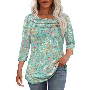 OFEEFAN Womens Tops 3/4 Length Sleeve Blouses Dressy Casual Spring Summer Outfits Pleated Front T Shirts Curved Hem (Z-floral Green)