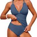 ZAFUL Womens Tankini Swimsuits Smocked 2 Piece Bathing Suits Modest Tie Back Swimwear (Blue, XXL)