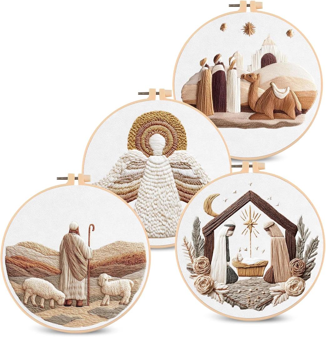 Santune Christian Embroidery kit, Nativity Scene Needlepoint Cross Stitch Kits for Beginners Adult, Needle Point Sets, 4 Embroidery, 2 Hoops, Christmas Ornaments