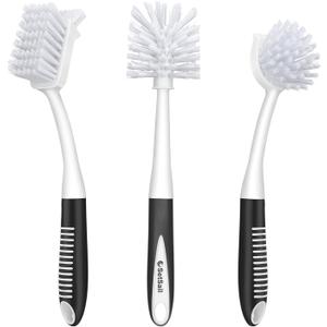 SetSail Dish Brush Set of 3 with Bottle Brush, Dish Scrub Brush with Long Handle Deep Cleaning Handle Brush with Scraper Tip for Kitchen Sink Dishes Bottle Cup Pot and Pans Tile Lines, Black
