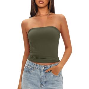 Darong Womens Padded Tube Tops Bulit in Bra Strapless Crop Tops Bandeau Double Lined Basic Going Out Tank Top (Small, Army Green)