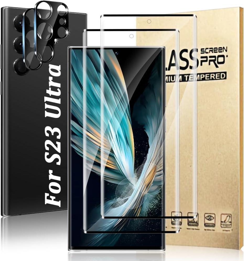 (2+2 Packs) Suitable For Galaxy S23 Ultra Screen Protector And Camera Lens Protector, 9H hardness, Oil Resistant, Compatible With Fingerprints, No Bubbles, Suitable For Galaxy S23 Ultra 5G