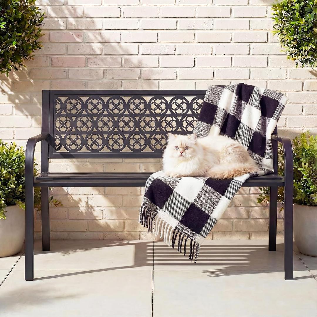 44" Outdoor Garden Bench, Iron Metal Frame Patio Bench with Backrest and Armrests, Weatherproof Anti-Rust Outdoor Bench for Front Porch, Park, Yard, Patio (411-Black)