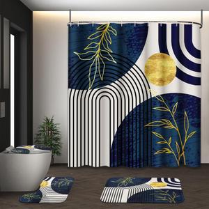 Dark Blue and Gold Boho Mid Century Shower Curtain Set with Toilet Lid Cover and Non-Slip Rugs, Abstract Geometric 4 Pcs Modern Minimalist Shower Curtain for Bathroom Set with 12 Hooks
