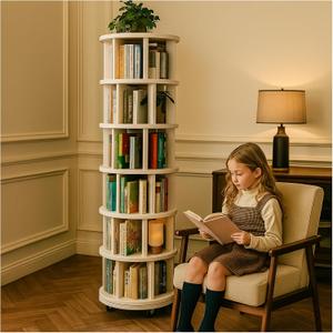 Solid Wood Revolving Bookcase with Wheels, Solid Wood 6-Tier Round Bookshelf, 360° Wooden Rotating Book Tower, Narrow Rolling Vertical Display Storage Rack (White, 6 Tier, 78" H)