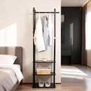 Wood Coat Rack Freestanding Clothing Rack with 3 Storage Shelves and 5 Hooks Coat Tree Heavy-Duty Garment Rack for Corner Entryways Living Rooms and Bedrooms, Black