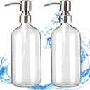 Clear Glass Soap Dispenser - Refillable Liquid Hand Lotion Dispenser for Kitchen Bathroom with Rust Proof Stainless Steel Pump (17OZ/ 500ML) (2 Pack)