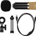 Portable Condenser USB Microphone for PC Laptop, Professional Recording Microphone with Tripod Stand, Cardioid Pickup Pattern for Online Chat and Singing, Plug and Play USB Mic wit (Black Gold)