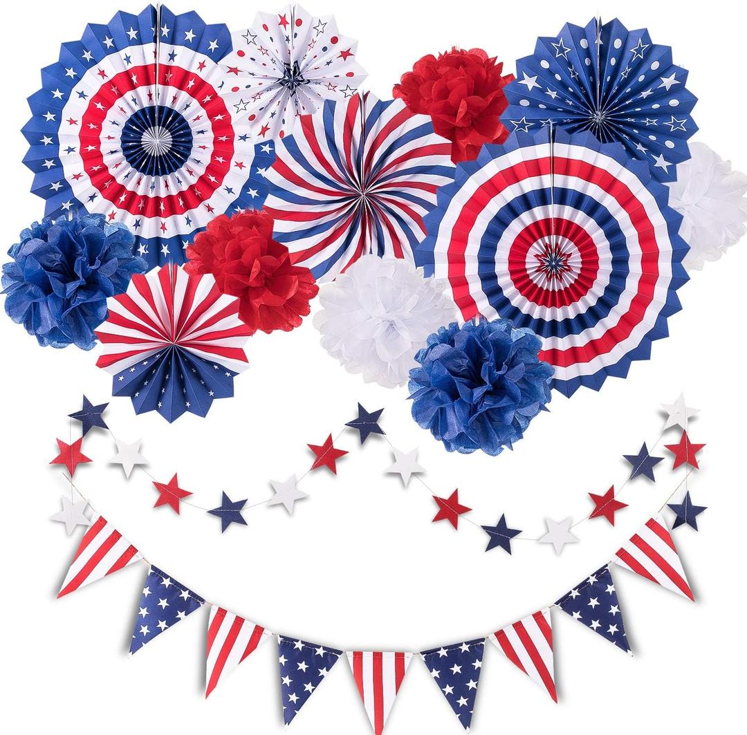Whaline 4th of July Party Decorations Set, Patriotic USA Flag Pennant Bunting, Red White Blue Paper Fans, Star Garland Hanging Streamers, Tissue Pom Pom Flowers for Independence Day Decor, 14Pcs