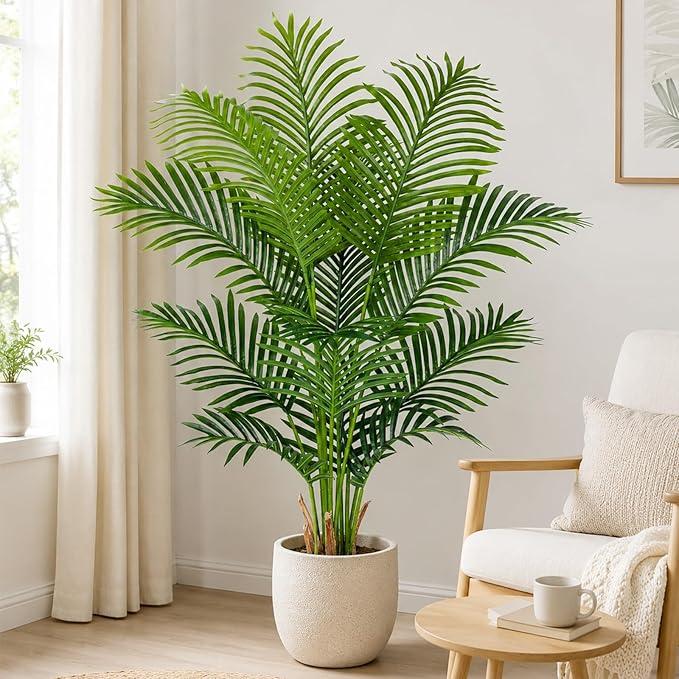 4ft Artificial Palm Tree Indoor Plant Tall Fake Tropical Paradise Palm Tree in Pot with Real Bark Design Faux Areca Palm Tree for Home Office Living Room Bedroom Farmhouse Modern Decor 1pcs