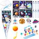 Arrowbash 122 Pcs Space Party Favors Kit 24 Sets Astronaut Painting Crafts with Astronaut Bubbles Wands, Wooden Space Cards Clear Triangle Bags Ribbon Rolls Galaxy Birthday Party Supplies