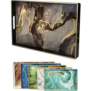 Black Marbling Decorative Tray with Handles, Morden Plastic Rectangular Serving Tray for Coffee Table Bathroom, Ottoman, Home Decor, 15.7"* 10.2"* 1.38" (Trema05)
