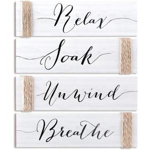 Jetec 4 Pieces Farmhouse White Bathroom Decor Wall Art Bathroom Sign Rustic Decor Relax Soak Unwind Breathe Wood Sign for Home Spa Bath Decoration, 11. 8 x 3 Inch