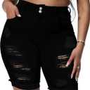 Womens Plus Size Jean Shorts Stretchy High Waisted Ripped Roll Hem Denim Bermuda Shorts 10" Inseam (Black-063), Size 16W