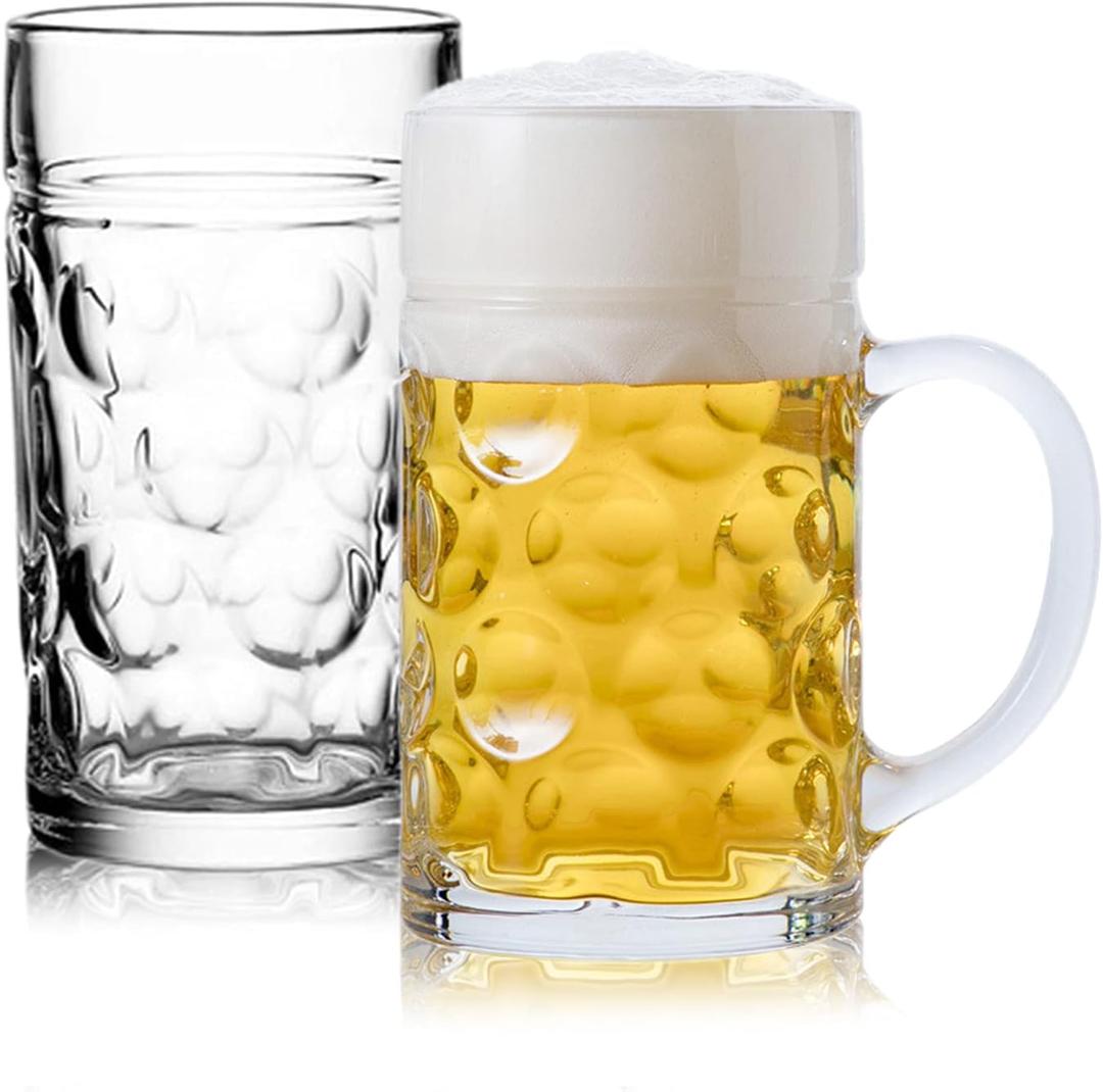 Encheng Glass Beer Stein Mugs Jumbo Mugs,German Beer Mug With Handle 1.2Liter,Big Freezable Glass Mug 40oz,Extra Large German Beer Glasses BPA Free,Dishwasher Safe 2 Pack