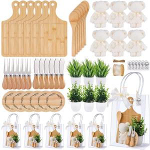 56 Pcs Baby Shower Prizes for Game Winners 6 Sets Bamboo Cheese Board Fork Butter Spreaders Coasters Towel Artificial Potted Plant Thanks Card Gift Bag for Baby Shower Wedding Bridal Shower Favors
