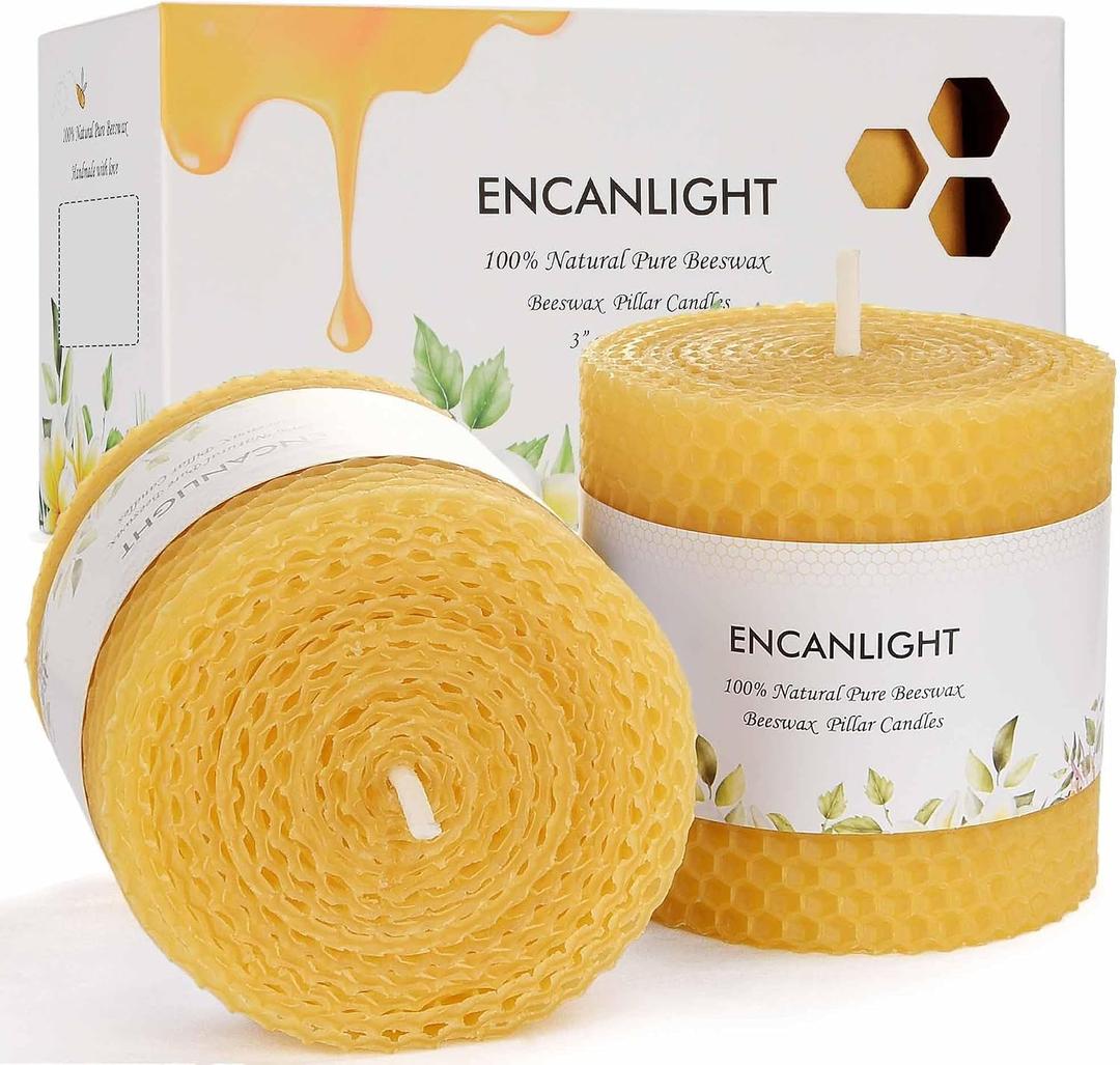 2 Pack Pure 3x3 inch Rolled Beewaxs Candle - 9 Hours Long Burning Honaycomb Candles, Dripless and Smokeless for Home Decor Party Wedding Dinner