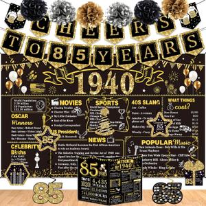 85th Birthday Decorations for Men Women,16PCS Back in 1940 Party Banner Decorations,Including Vintage 1940 Backdrop,Cheers to 85 Years Banner,7 Hanging Swirl,1940 Poster Anniversary Card,6 Paper Poms