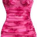 SOLY HUX Women's Summer Floral Corset Dress Spaghetti Strap Ruched Mesh Bodycon Vacation Mini Dresses (Medium, Hot Pink)