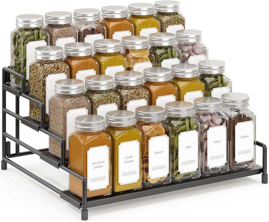 RUILALIFE 4-Tier-Spice-Rack-Organizer-for-Cabinet, Adjustable Depth Spice Holder Shelf For Countertop Pantry Cupboard, Metal Tiered Seasoning Organizer,Display Shelf Riser (Black-1 Pack)