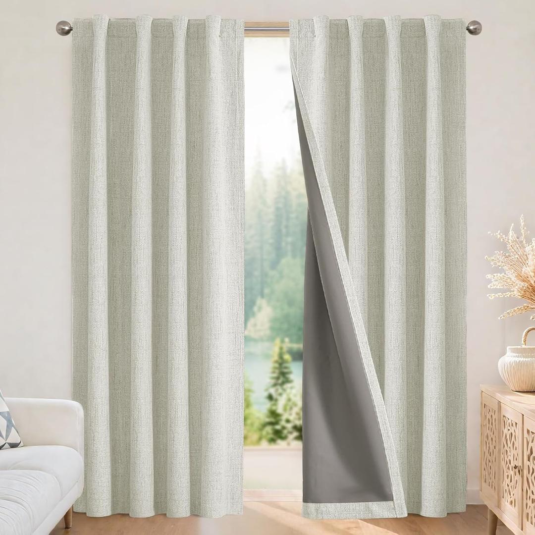 Joydeco Linen Blackout Curtains for Bedroom - 100% Light Blocking 1 Panels, Light Beige Drapes 100" W x 84" L, Thermal Insulated Room Darkening Curtains for Living Room, Rod Pocket & Back Tabs