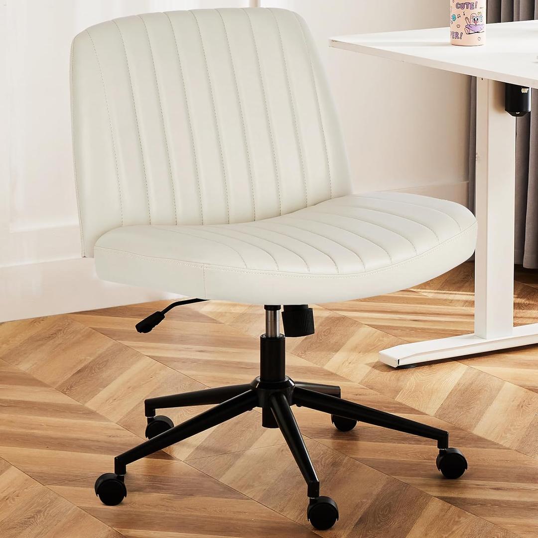 DUMOS Criss Cross Chair with Wheels, Legged Office Armless Wide Desk Seat Dual-Purpose Base, Adjustable Swivel Leather Task Vanity Home Office Desk Seating, Cream (Creamy)