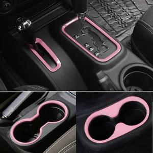 E-cowlboy 4PCS Interior Accessories Decoration Cover Trim Kit Front+Rear Water Cup Holder Trim Gear Shift Box Trim Transfer Case Trim for Jeep Wrangler JK JKU 2011-2018 4-Door (Pink)