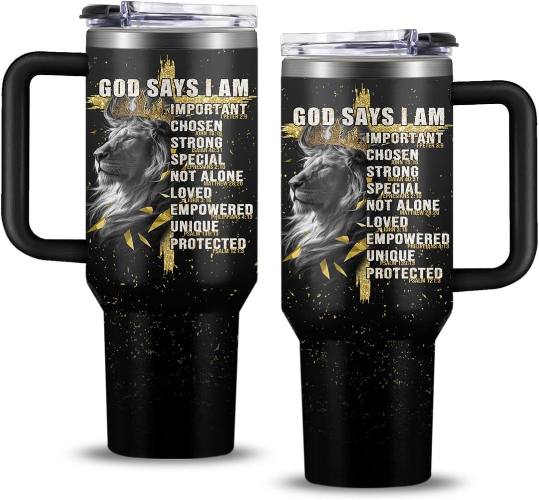 Christian Gifts for Men, 40 oz God Says I Am Lion Tumbler with Handle, Inspirational Religious Birthday Gifts, Lion Christian Gift for Spiritual Catholic Faith Jesus Bible God Prayer Cup