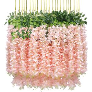 U'Artlines 12 Pack (Total 43.2 Feet) Artificial Fake Wisteria Vine Rattan Hanging Garland Silk Flowers String Home Party Wedding Decor (12, Light Pink)