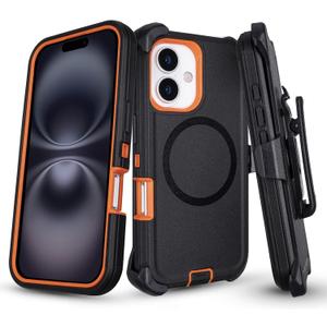 Phone Case for iPhone 16 Case with Belt Clip, Defender for iPhone 16 Case with Stand, [Compatible with MagSafe] 3-Layer Heavy Duty Rugged Military Grade Protection Cover for iPhone16 (Black+Orange)