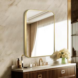 24"x30" Brushed Bright Gold Metal Framed Rounded Rectangle Mirror, Gold Wall Mounted Mirrors for Bathroom Entryway Vanity Living Room Bedroom, Vertical or Horizontal
