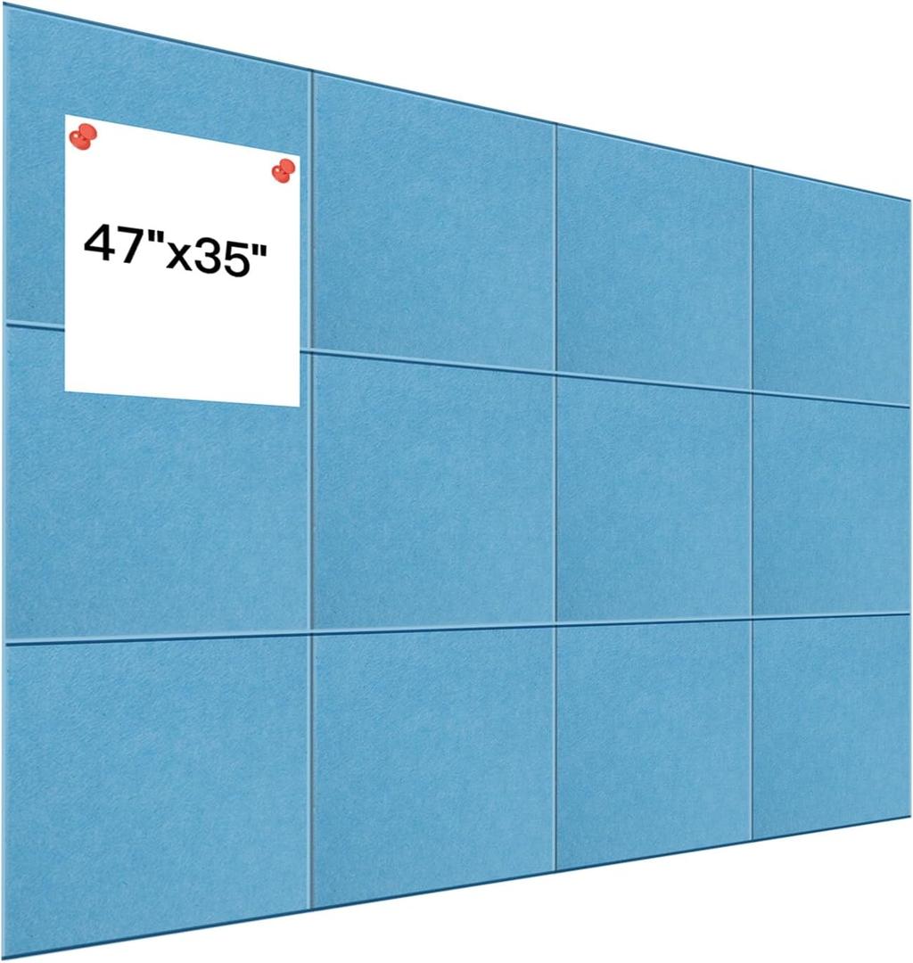 12 Pack Large Cork Board Alternative, 47" x 35" Bulletin Board, Felt Wall Tiles with Safe Removable Adhesive Tabs, Cork Boards for Walls Office School & Home (Lake Blue)