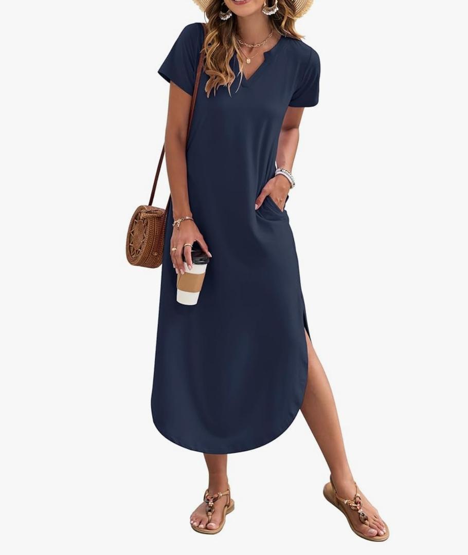 MISFAY Women's Summer Casual Maxi Dress 2025 Short Sleeves V Neck Loose Sundress Split Long Beach Shirt Dress Vacation Outfit, XL