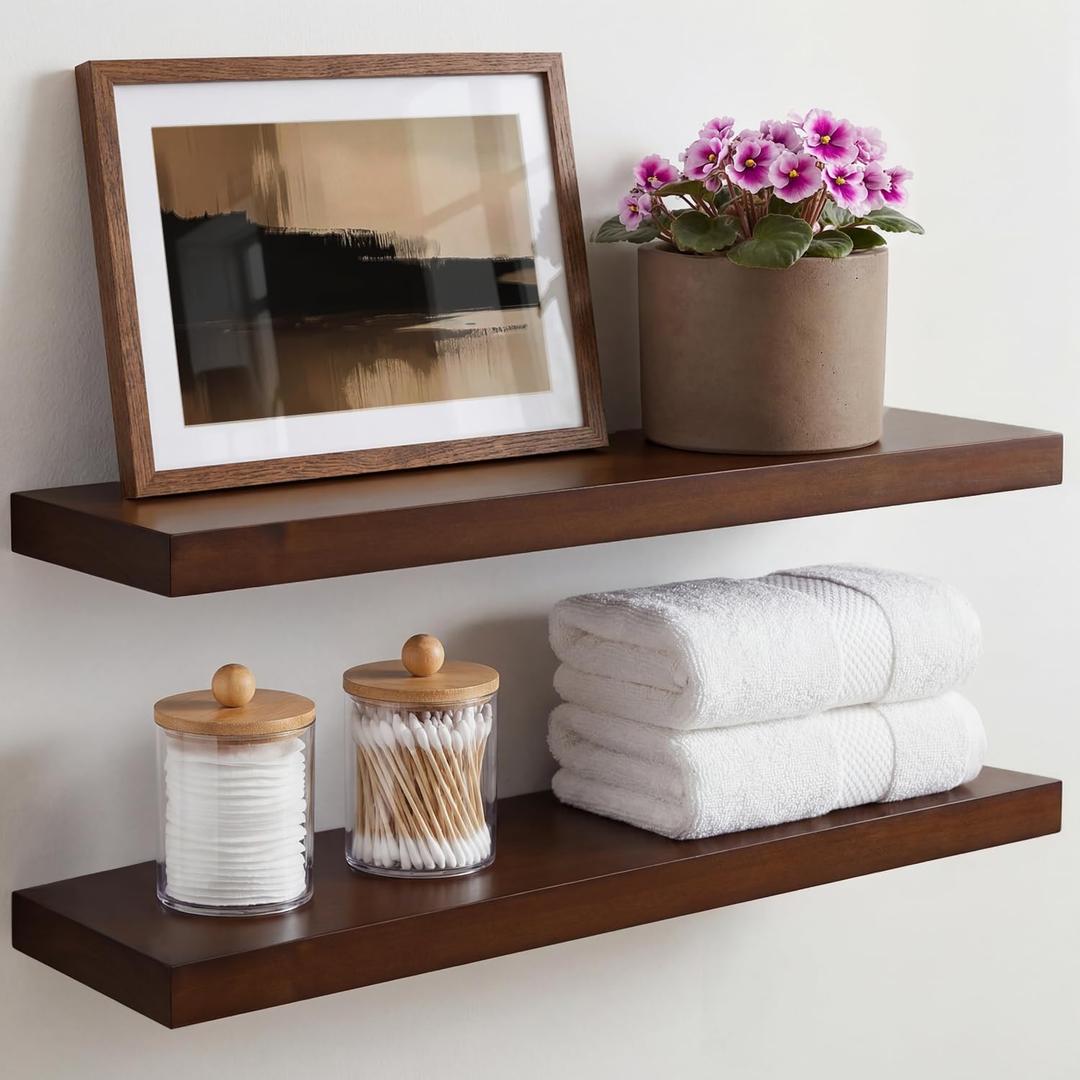 Homeforia 24inch Walnut Floating Shelves for Wall, High End Solid Real Wood 24in Floating Shelf for Bathroom, Dark Brown 24 inch Long Floating Shelves, Heavy Duty Bracket, 24 X 6.5 X 1.75 in, Set of 2 (American Walnut - Satin Dark Tone)