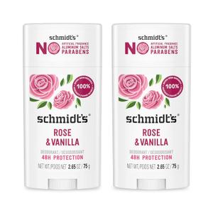 Schmidt's Aluminum-Free Vegan Deodorant Rose & Vanilla with 24 Hour Odor Protection 2 Count for Women and Men, Natural Ingredients, Cruelty-Free, 2.65 oz