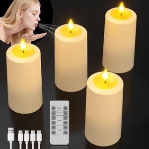 SoulBay Flameless Candles That Blow Out, 4 Pack USB Rechargeable Magic LED Pillar Candles with Remote Timer for Indoor Table Home Lantern Party Halloween Christmas Birthday Decoration