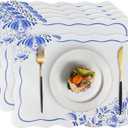 Faux Leather Placemats Set of 6, 12 x 17 Inch Scalloped Blue Floral Table Mats Waterproof Oil-Proof Heat Resistant Wipeable PU Place Mats for for Kitchen, Dining, Outdoor, 18x12