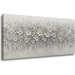 Large Canvas Wall Art for Living Room White Flowers Picture Hand-Painted Oil Painting Framed Artwork Modern Gallery Plant Decor Wall Decorations for Bedroom Bathroom Size 60x30 inch Ready to Hang, 30"x60"