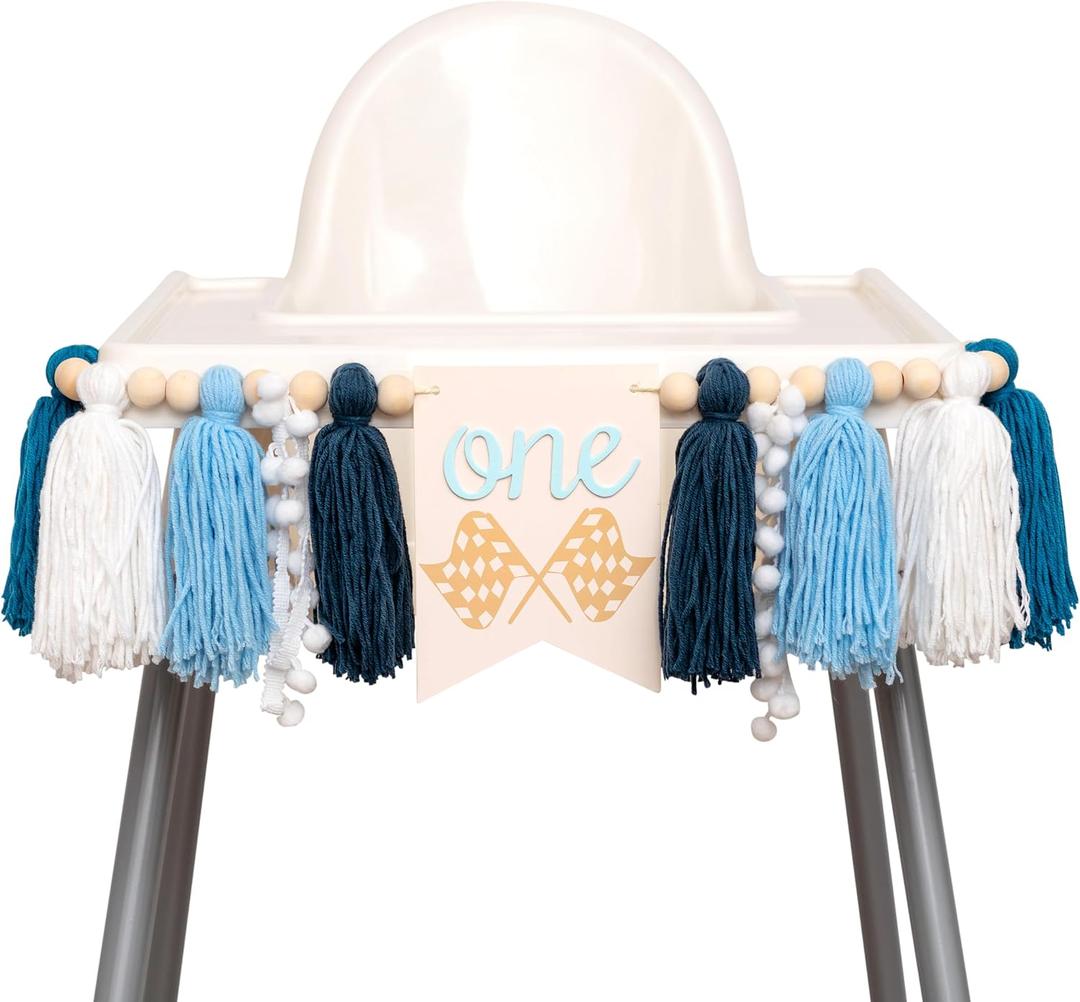 Fast One High Chair Banner - Race Car Highchair Banner, Racing First Birthday Yarn Tassel Decorations, Checkered Flag One Sign for Party, Cake Smash, Photo Prop (Blue)