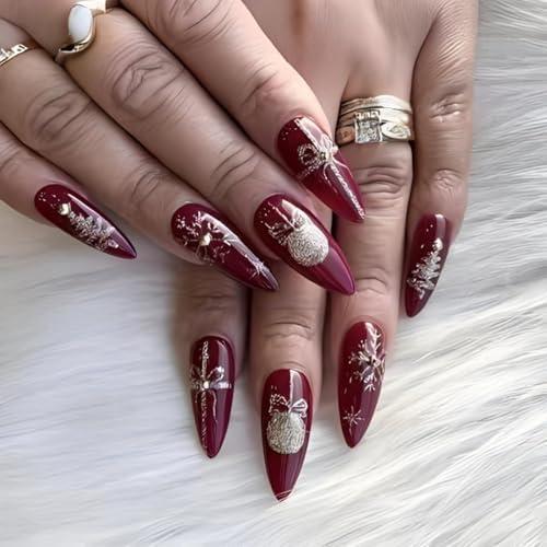 Christmas Press on Nails Long Almond Fake Nails with Gold Foil Design Snowflake Glue on Nails Xmas Tree Stick on Nail Wine Red Gift False Nail for Women Girls Winter Holiday Manicure 24pcs