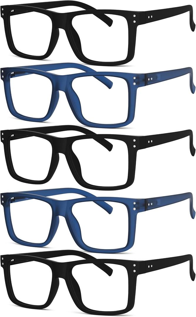 Eyekepper 5-pack Oversized Reading Glasses Square Large Frame Readers for Men and Women - 3 Black and 2 Blue +2.00
