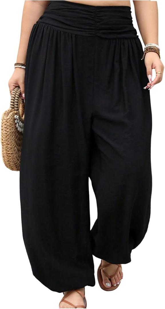 OYOANGLE Women's Plus Size Harem Pants Boho Lounge Pants Loose Fit Barrel Leg Palazzo Trousers (Black, L)