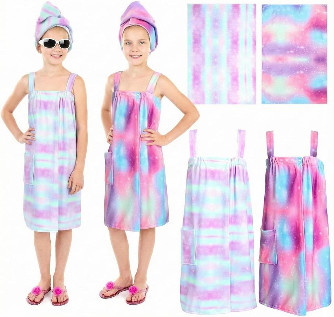 SmoothNovelty 2 Sets Girls Towel Wrap Hair Towel Wrap for Kids with Soft Bath Body Dress Cute Adjustable Bathrobe with Turbans for 3.9-4.9 ft Kids Girls Wet Hair Rapid Drying(Rainbow Style)