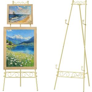 54''H Gold Easel Stand for Sign, Wedding Signs Large Adjustable Metal Display Stand Easels Scroll Poster Holder Vintage Floor with Chain Support for Art Paintings Pictures (54" H)